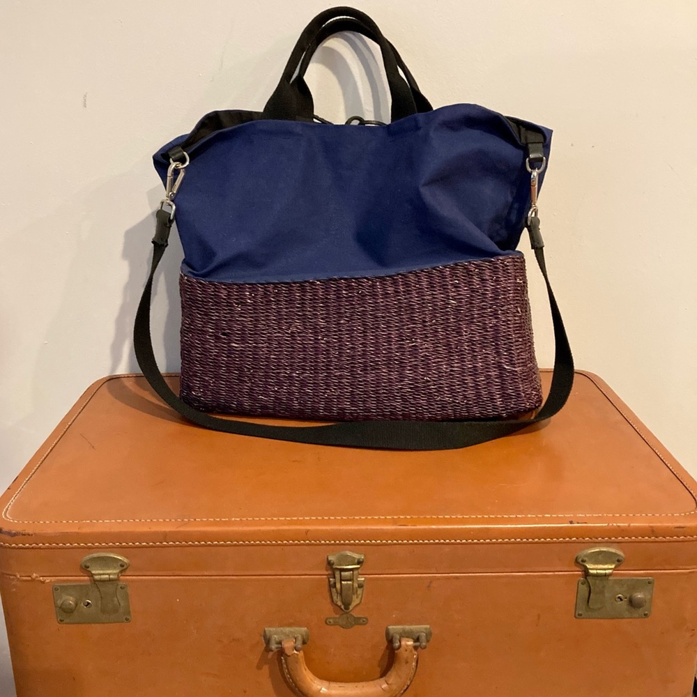 Muun Designer Straw Handbag Crossbody Rare Basket/Canvas Tote Blue